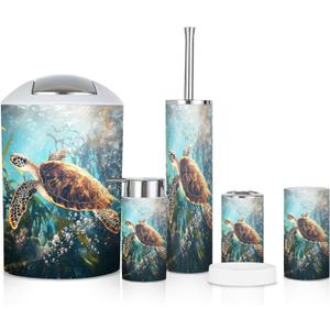 6 Piece Bathroom Accessories Set Sea Turtle Adventure Whimsical Kelp Forest Storybook Art Trash can Toilet Brush Holder Toothbrush Holder Toothbrush Cup Soap Dispenser Soap Dish for Home