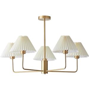 KCO Lighting 5-Lights White Pleated Fabric Pendant Light Mid Century Modern Brushed Gold Sputnik Chandelier Traditional Dining Living Room Chandelier Above Dining Table