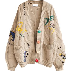 Women's Cable Knit Long Sleeve Open Front Cardigan Sheep V-Neck Button Down Embroidery Wool Blend Sweater Coat Outwear (Medium, Khaki)