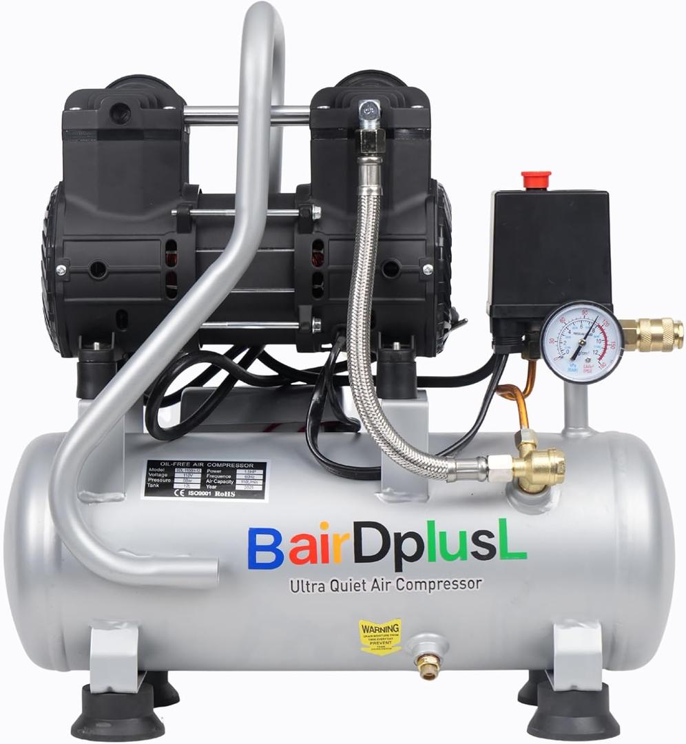 BairDplusL 3.2 Gallon Ultra Quiet Air Compressor 110V/60Hz 1.5HP 8.8CFM, MAX 115PSI Steel Tanks Oil-Free 70dB Noise Level Light & Quiet Portable Air Compressor with Wheels for Auto Repair
