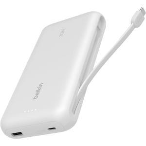 Belkin Power Bank with Integrated Cable, Fast Charging USB-C, 20000 mAh 30W, Portable Charger Power Bank USB C for iPhone 17, Air, Pro, Pro Max, iPad, AirPods, Apple Watch, Galaxy S25, & More - White
