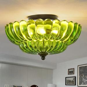 Semi Flush Mount Ceiling Light, Green Glass Ceiling Light Fixture, 3-Bulb Modern Black Close to Ceiling Light, Vintage Glass Ceiling Lights for Bedroom Kitchen Living Room, Bulb Not Included (11.8 inch)