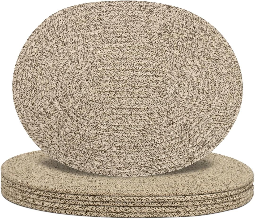 Oval Woven Placemats Set of 6, Boho Cotton Rope Braided Table Mats, 17x13 Inches Non Slip Heat Resistant Place Mats for Dining Room, Thick Hot Pads for Farmhouse Kitchen Table Decor. (Brown)