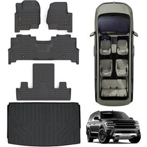 Floor Mats & Trunk mat for 2018-2023 2024 Ford Expedition MAX (Only Fit MAX 7 Seats) (2 Row Bucket Seat),TPE All Weather Protection 3 Rows Car Floor Liners with Cargo Liner Accessories