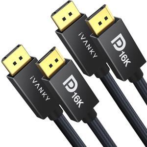 IVANKY 16K Displayport Cable, [6.6ft, 2-Pack], VESA Certified DP 2.1 Cable [16K@60Hz, 8K@120Hz, 4K@240Hz], Support HDR10, HDCP, 3D, DSC 1.2a, for Gaming Monitor, TV, Graphics, [6.6ft, 2-Pack] (Black)