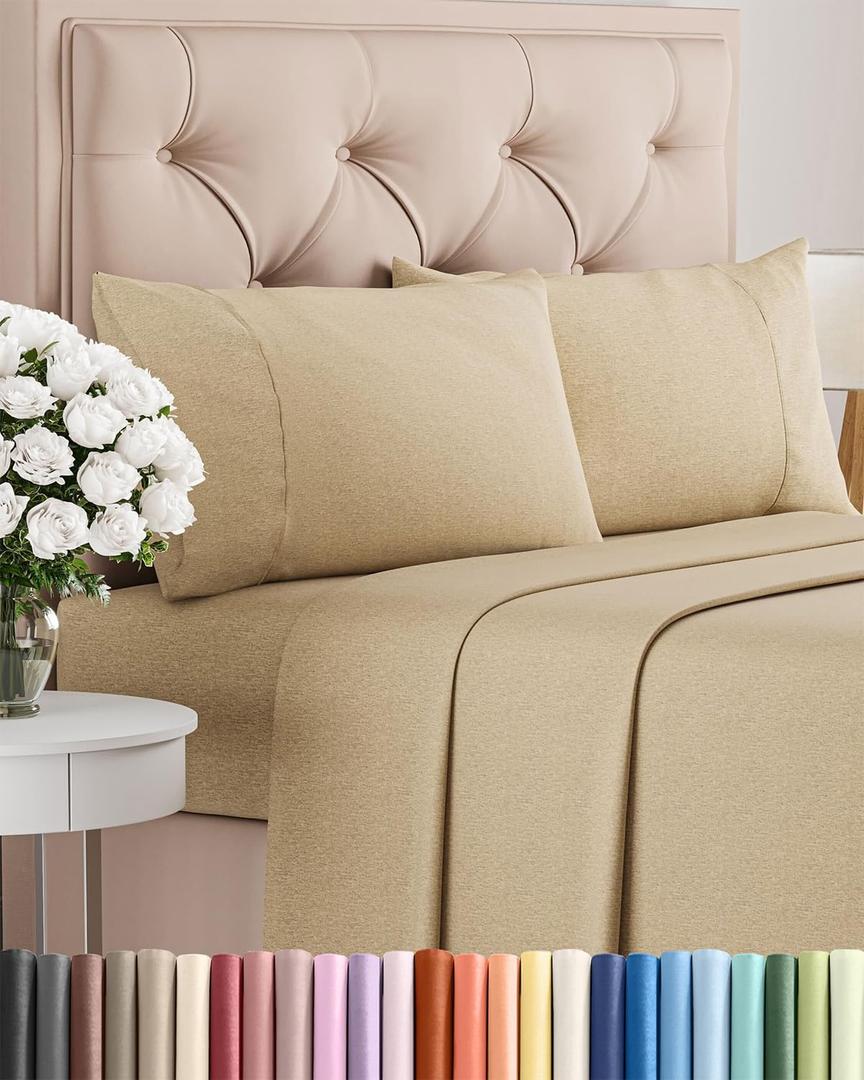 Cal King Size 4 Piece Sheet Set - Comfy Breathable & Cooling Bed Sheets Set - Hotel Luxury Bedding for Women, Men, Kids, Teens, Boys & Girls - Deep Pockets and Wrinkle Free - Tan (Heathered Sheets)