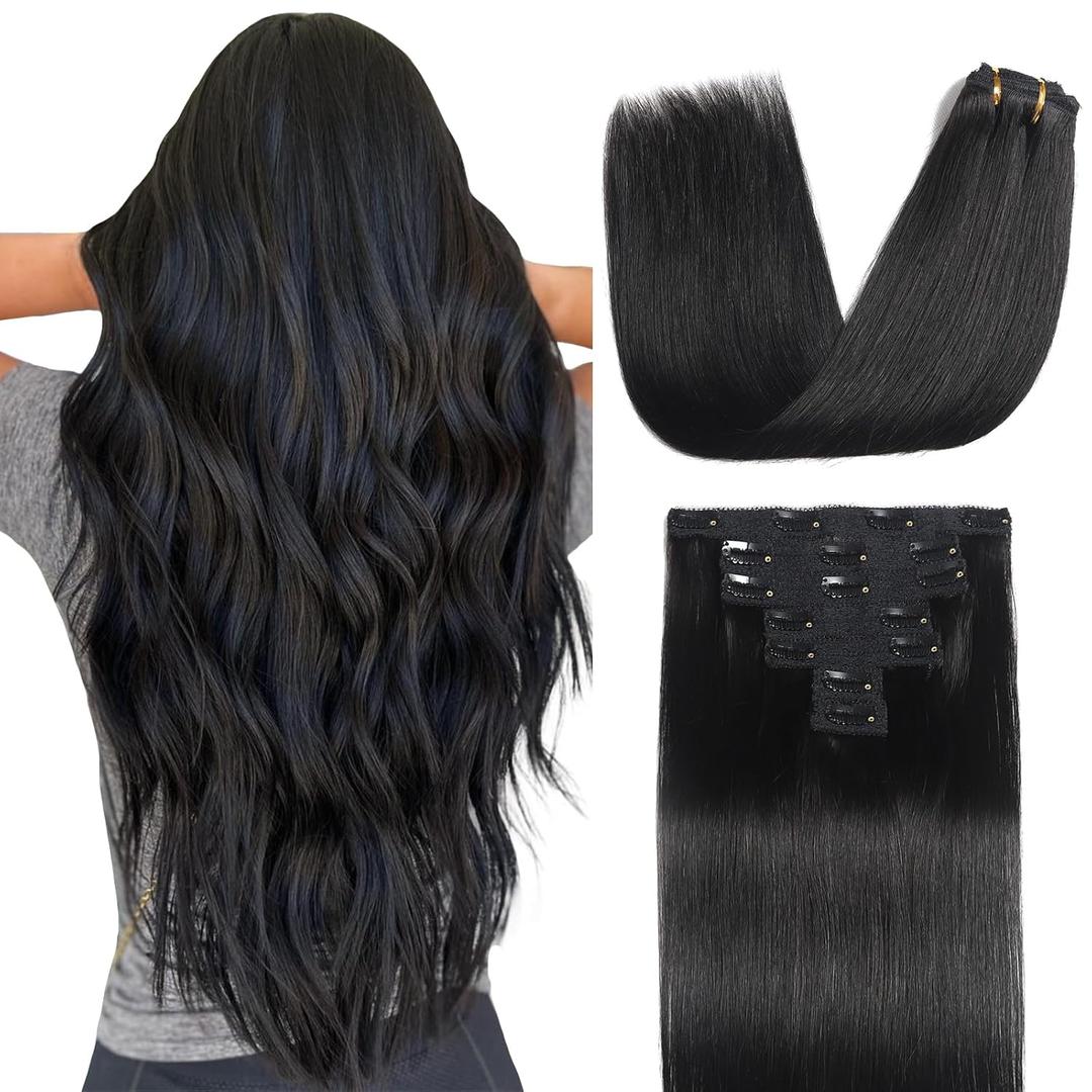 Sisily Clip in Hair Extensions Real Human Hair,14 inch 70g, Natural Straight Human Hair Clip in Extensions for Black Woman, Soft Straight 7pcs Per Set with 16 Clips Double Weft (14 Inch - 2.47 Ounce)