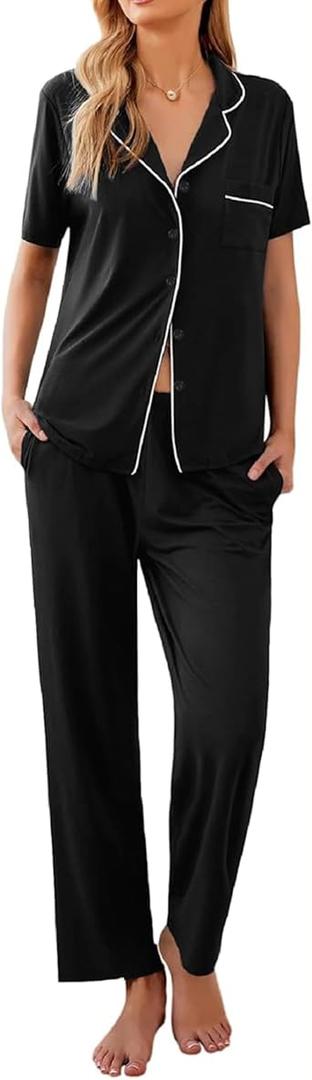 Ekouaer Women Pajamas Set Button Down Sleepwear Short Sleeve Nightwear with Long Pants Soft Pjs Set, M, Black