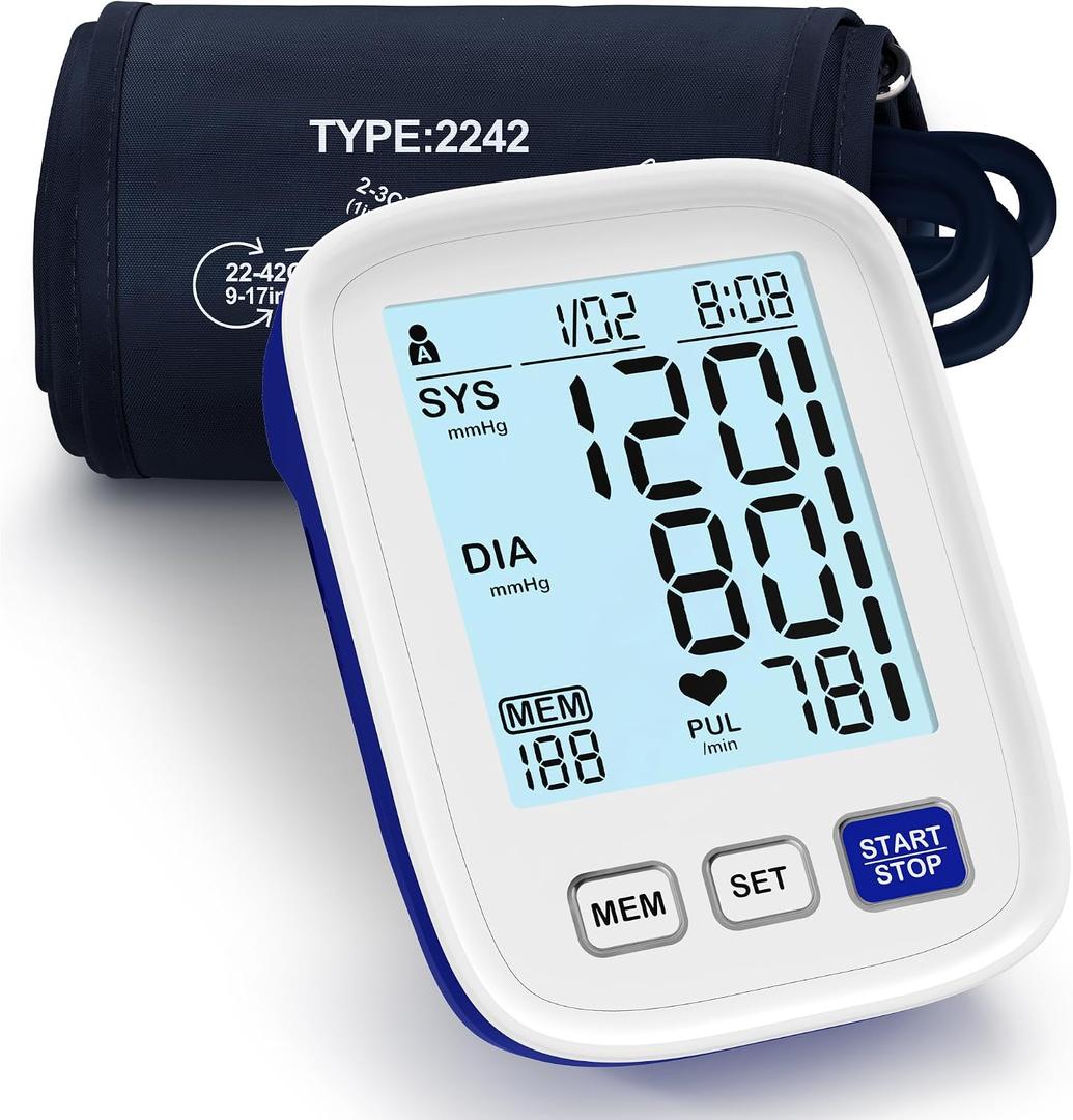 Upper Arm Electronic Blood Pressure Monitor, 9-17 Inches Cuff for Medium to Large Arms, Accurate Automatic Digital BP Machine for Home Use, Large Backlit Screen, 3 Users,199 Memories Each