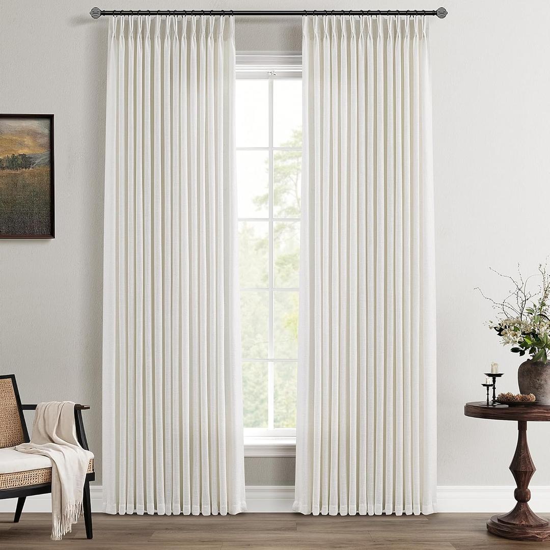 Natural Linen Curtains 84 Inch Length 2 Panels for Living Room Neutral Textured Pinch Pleated Curtains Ivory Cream Beige Light Filtering Pleated Drapes 84 Inches Long Back Tab Hooks Clips Rings 7Ft