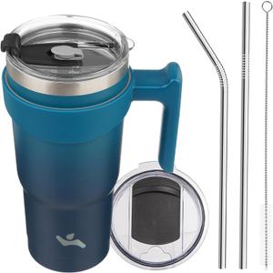 20 oz Tumbler with Handle and 2 Straw 2 Lid, Insulated Water Bottle Stainless Steel Vacuum Cup Reusable Travel Mug,Indigo Black