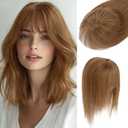 S-noilite Human Hair Topper with Bangs 3603D Cover Toppers Hairpieces for Women Bangs Hair Clip Light Brown 12inch, Hair Topper with Bangs, Light Brown(French)