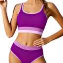 Girls Swimsuit Two Piece Bikini Sets Color-Block Adjustable Straps Bathing Suit Girls Swimwear 11-12 Years, Purple 
