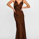 Summer Satin Braided Spaghetti Strap V Neck Maxi Dress for Women Elegant Silk Sleeveless Backless Midi Prom Dress (Brown, XL)