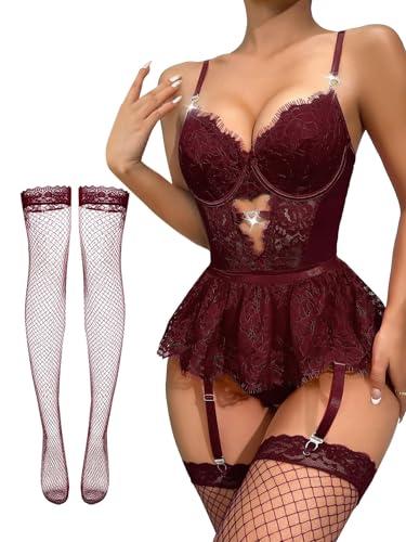 Lilosy Sexy Stocking Rhinestones Heart Garter Underwire Floral Mesh lace Sheer Babydoll Lingerie Teddy Bodysuit Skirt Set Women 2 3 Piece Push Up See Through Red M