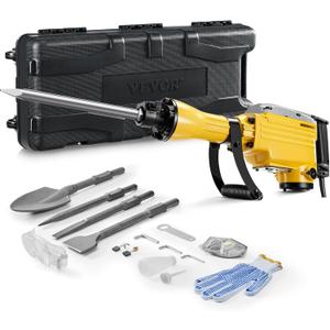 VEVOR Demolition Jack Hammer, 2200W 1350 BPM Jack Hammer Concrete Breaker, Heavy Duty Electric Jack Hammer 4pcs Chisels Bit with Gloves, 360 Swiveling Front Handle for Trenching and Breaking Holes (Yellow)