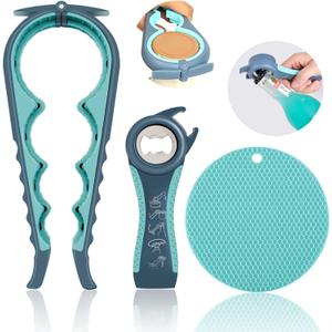 Jar Opener for Weak Hands, Seniors with Arthritis, 5 in 1 Multi Function Bottle Opener Lid Opener For Arthritic Hands with Non Slip Rubber Jar opener Gripper Pad (Blue) (3-piece set)