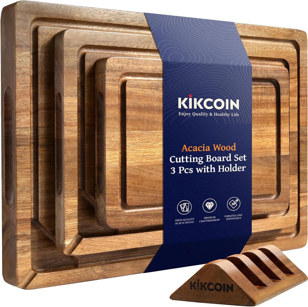 Kikcoin Acacia Wood Cutting Boards for Kitchen, 3 PCS Wooden Cutting Board Set with Holder, Chopping Board with Compartments and Juice Groove, Solid Charcuterie Boards Serving Tray Wood Butcher Block