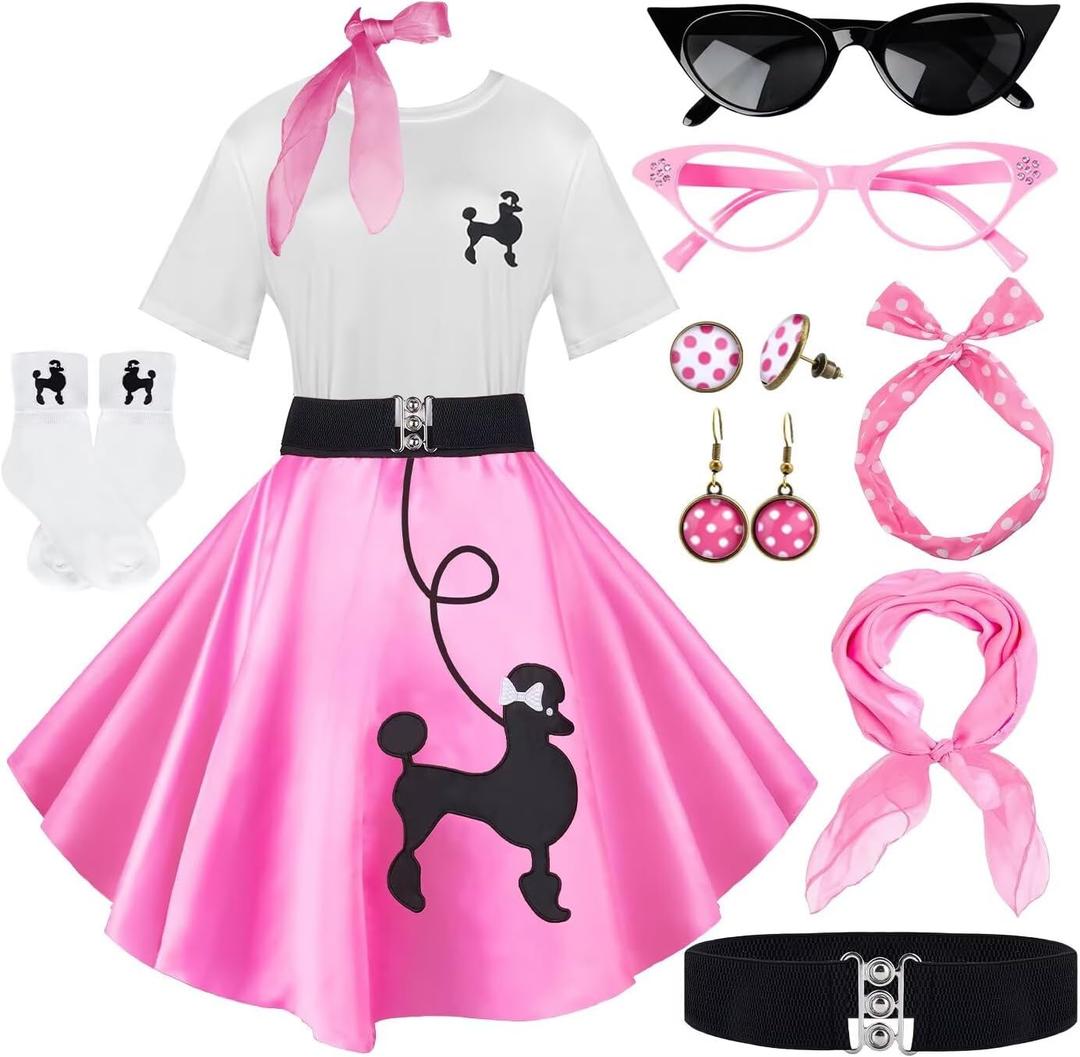 10Pcs Sock Hop Outfits Women, 1950s Poodle Skirts, Poodle T-Shirt with 50s Accessories Socks Scarf Headband Belt Earring (Medium, Pink)