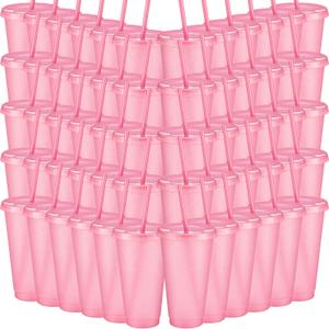 DKALIO 60 PCS Glitter Tumblers with Lids & Straws, 24oz Reusable Cups with Metallic Shimmer Finish, Dishwasher Safe Plastic Drinkware for Parties, Weddings & Home Decor (60, Light Pink)