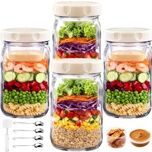 4 Pack Glass Salad Jars, 32oz Meal Prep Salad Jar with 4 Forks, Leakproof Salad Container with Separate Wet/Dry Dressing Cups for Home, Office and Outdoor
