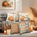 BBOLDIN Fall Thanksgiving Throw Pillow Covers 18x18, Fall Plaid Leaves Pumpkin Orange Pillow Cases Set of 4, Halloween Autumn Cushion Covers Decorations for Home Porch Bedroom