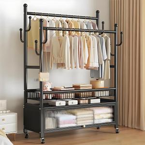 Rolling Clothing Rack, Clothes Rack with Shelves, Double Rods and Side Hooks, Portable Wardrobe Rack, Metal Garment Rack, Sturdy Coat Rack for Bedroom, Laundry, Living Room, Black,67H × 13D × 39.4W in