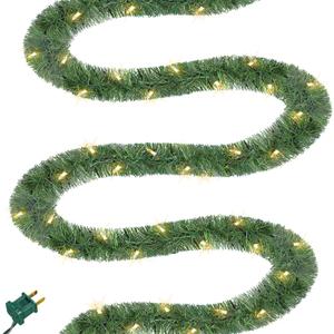 Biswing 50FT Pre-lit Christmas Green Garland, Lighted Artificial Pine Garlands with 100 Count Clear Incandescent Mini Lights, Light Up for Indoor Outdoor Gate Home Winter Holiday New Year Decorations (Warm White)