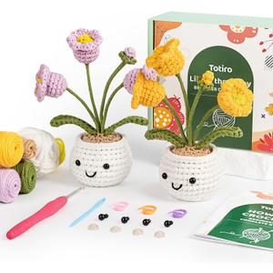 Totiro Crochet Kit for Beginners, Potted Flower Amigurumi Starter Kit, Easy DIY Arts & Craft Set with Step-by-Step Video Tutorials, Crochet Pattern Learning Kit for Teens Adults Birthday Gift