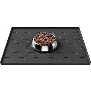 Pieviev 16''x12'' Dog Cat Food Bowl Mat, Silicone Waterproof Food Grade Pet Food Mat for Floor, High Raised Edge to Prevent Spills, Non-Slip & Easy Clean Pet Placemat for Dog & Cat Bowls, Black