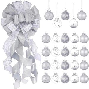 Syhood 25 Pieces Christmas Tree Topper Bow 12 x 34 Large Christmas Bow with Color Strips and 2.36 Inch Plastic Christmas Ball Ornaments for Christmas Tree Home Decoration(Silver)