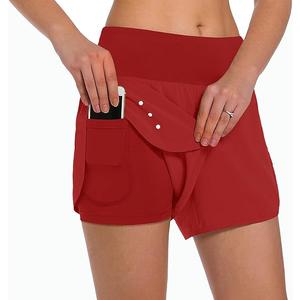 Ksmien Women's 2 in 1 Running Shorts - Lightweight Athletic Workout Gym Yoga Shorts Liner with Phone Pockets (Red, XL)
