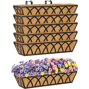 HFHOME 24 Inch Railing Planter Box with Coco Liners for Porch Fence Patio Balcony Hanging Flower Railing Deck Baskets with Adjustable Brackets for Outdoor Garden - 6 Packs