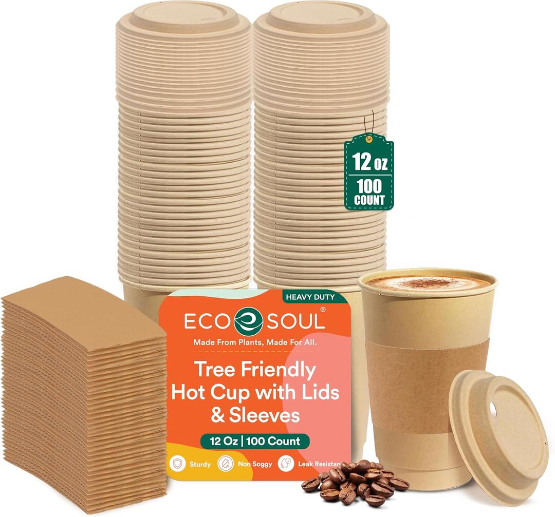 ECO SOUL 12 Oz Disposable Paper Coffee Cups with Lids & Sleeves (100 Pack), 16 Ounces