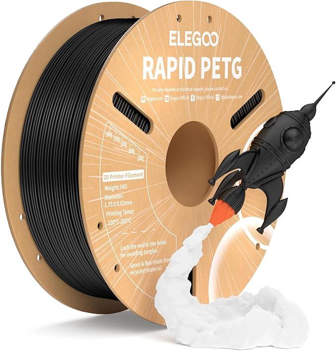 ELEGOO Rapid PETG Filament 1.75mm Black, High Speed 30-600mm/s 3D Printer Filament Dimensional Accuracy +/- 0.02 mm, 1kg Cardboard Spool(2.2lbs) Fits for Most FDM 3D Printers, 1 Pack Only 