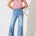 Allimy Women's High Waisted Cropped Wide Leg Jeans Stretchy Loose Denim Pants with Front Patch Pockets (Blue)