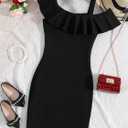 SOLY HUX Girl's Cold Shoulder Ruffle Short Sleeve Bodycon Mini Dress Ribbed Knit Party Dress Pure Black 13-14Y