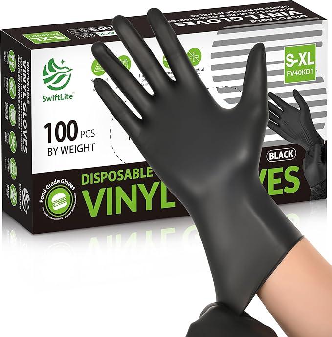 SWIFTLITE Black Vinyl Gloves, Food Grade Gloves Disposable Latex Free & Powder Free, Guantes for Cleaning Cooking Food Prep (100, XLarge)