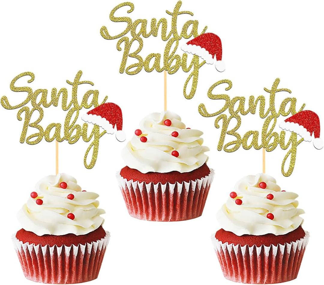 24pcs Glitter Christmas Santa Baby Cupcake Toppers, Christmas Hat Cupake toppers First Cake Decorations for Baby Shower Birthday Party Supplies (Baby B)