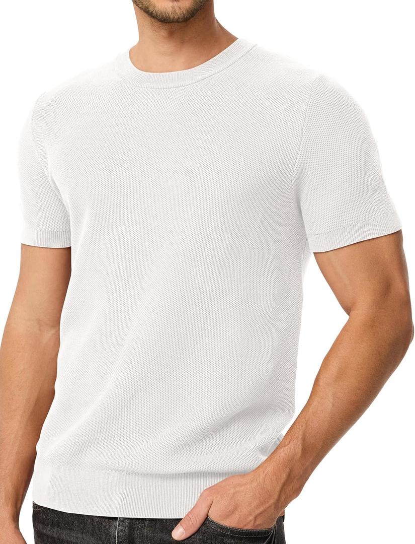 JMIERR Men's T-Shirts Casual Knit Short Sleeve Cotton Crewneck Solid Honeycomb Knitted Pullover Tees (Green, XL)