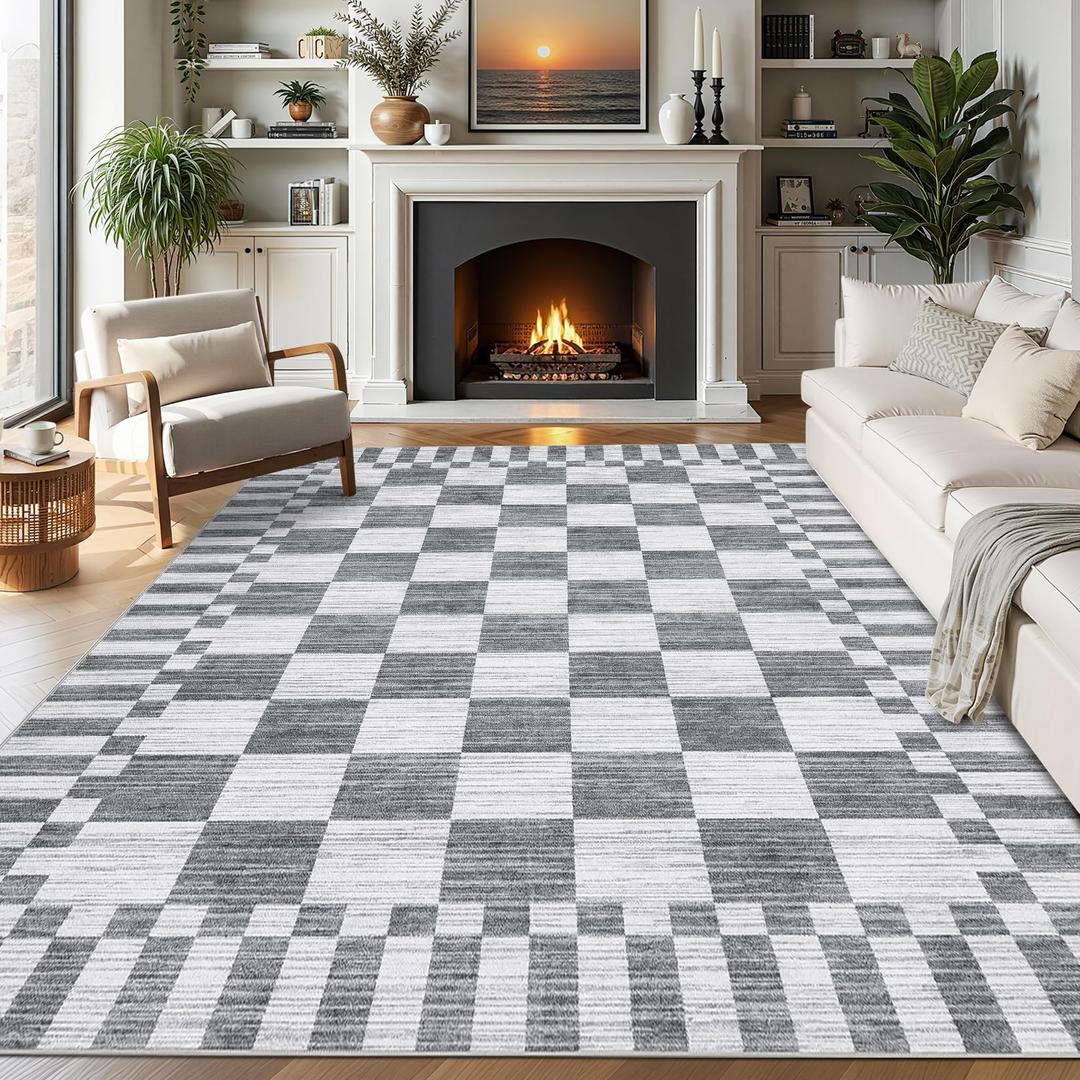 Garvee Grey Checkered Rug 5x7 Non-Slip Washable Area Rug for Living Room Bedroom Dining Room, Soft Low-Pile, Modern Farmhouse Geometric Design