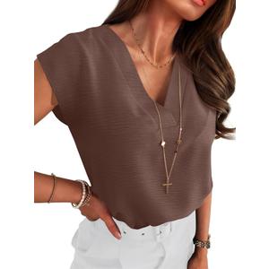 ANRABESS Women Tops Cap Sleeve Dressy Casual V Neck Shirts 2026 Summer Business Work Blouses Outfits Trendy Spring Clothing (Brown, XL)