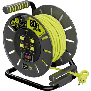 Masterplug 80ft Cord Reel, Retractable Extension Lead with Winding Handle, Safety Overload Circuit Breaker and Power Switch, 4X Grounded Outlets, 13amps, 14AWG Cable