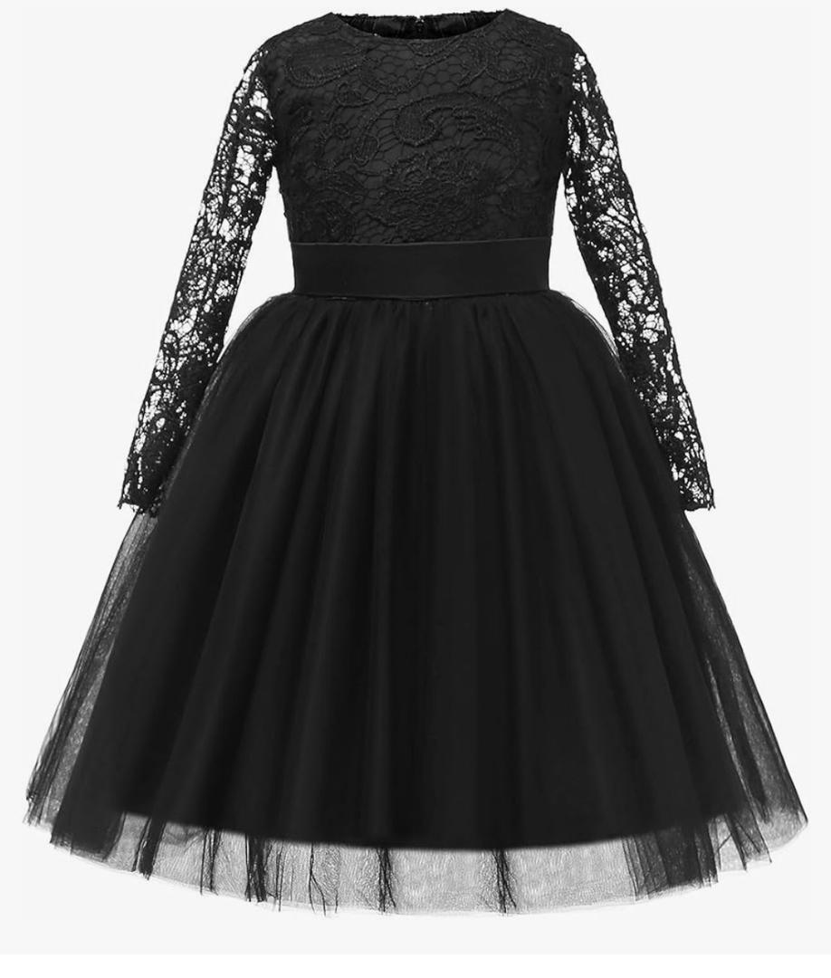Flower Girl Dress Long Sleeves Lace Top Tulle Skirt Girls Lace Party Dresses,150m Black 