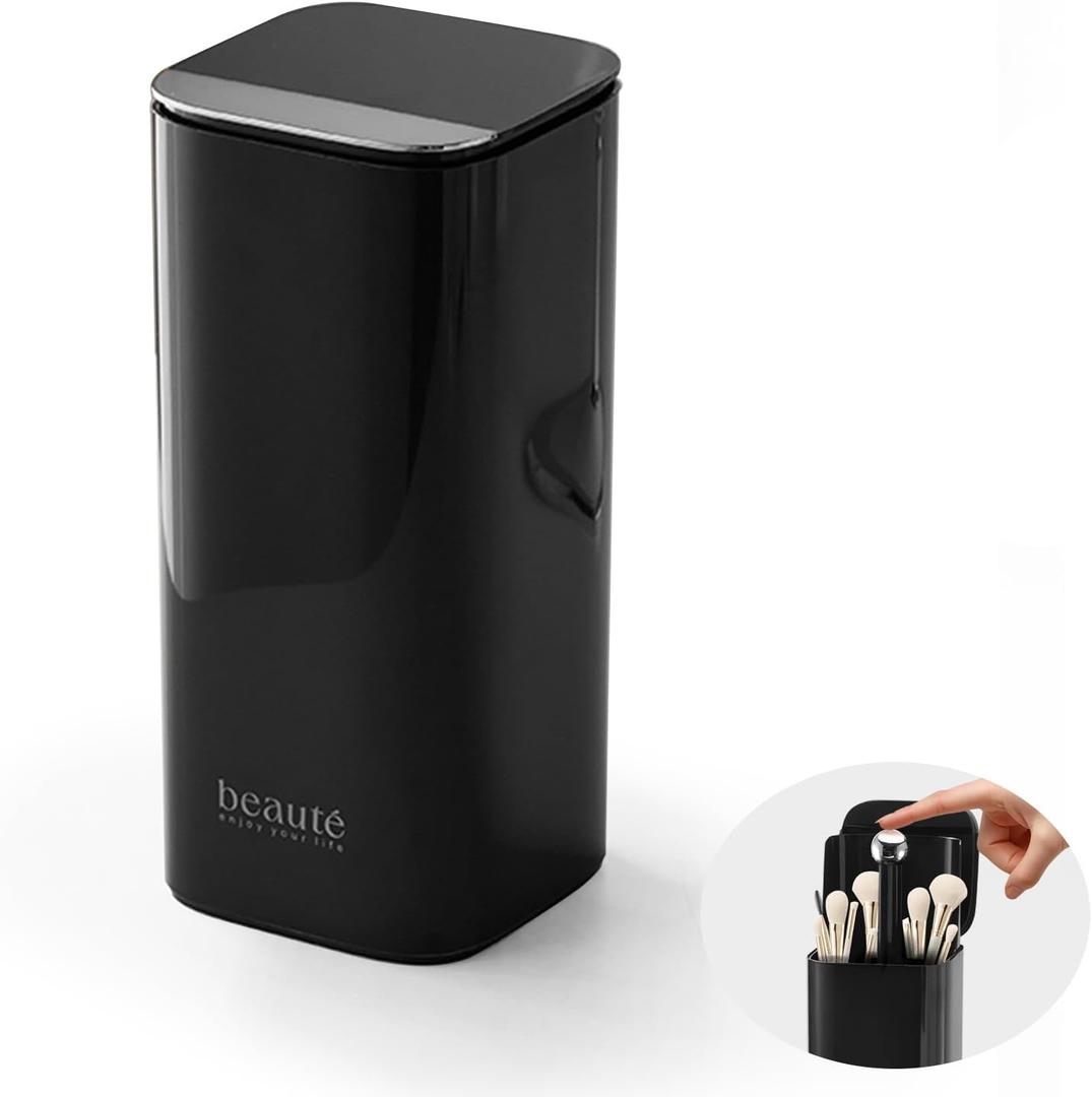 DASITON Makeup Brush Holder with Lid,4 Slots Makeup Brush Organizer,Automatic Lifting Makeup Cosmetics Organizer,for Vanity Decor,Bathroom Countertop,Dustproof Cosmetic Brushes Container(Silver-Black)