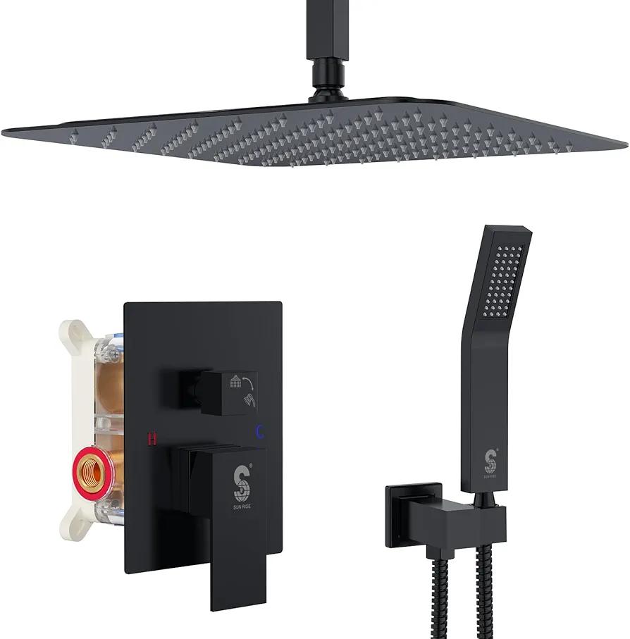 SR SUN RISE 12 Inch Ceiling Mount Matte Black Shower System Bathroom Luxury Rain Mixer Shower Combo Set Ceiling Rainfall Shower Head System Faucet Trim Repair Kits Rough-in Valve and Trim Included