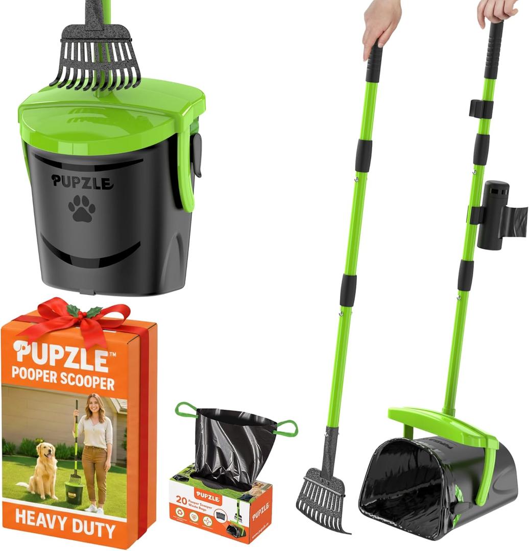 Pupzle Dog Pooper Scooper with Bag Attachment, 40" Long Handle Pooper Scooper for Large Dogs, Dog Poop Scoop for Yard, Large Capacity Swivel Bin and Rake, Lavender Scented Bags (Green)
