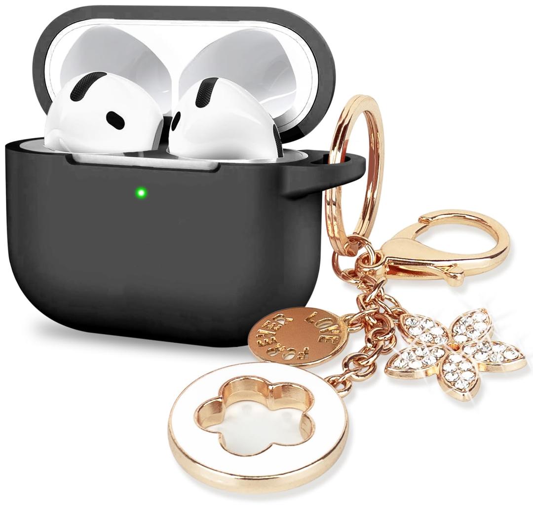 Case Cover for Apple Airpods 4 - VOTILE Airpods 4 Cases 2024 Cover Women Silicone iPods 4 Earbuds Wireless Accessorie Charging Cases Girl Bling Keychain for Airpod iPods 4th Generation - Black