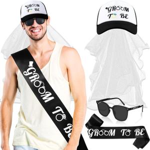 JaGely 4 Pcs Bachelor Party Accessories Include Bachelor Party Hat and Veil Groom Sash Sunglasses for Groom Wedding Favors (Black White)