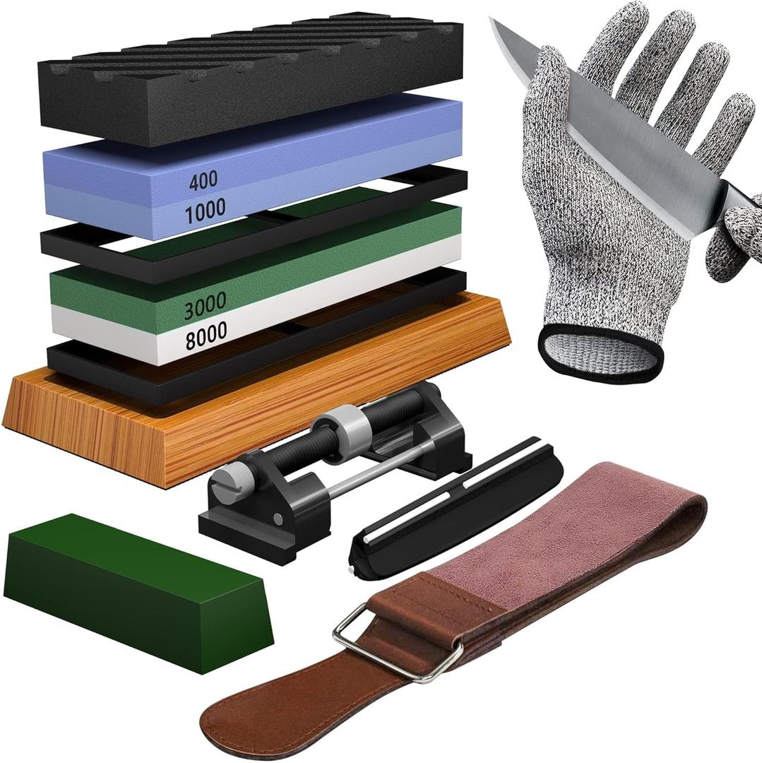 YeopAsda Knife Sharpening Stone Set - Premium 4 Side Grit 400/1000 3000/8000 Whetstone Sharpener Kit - Non-Slip Bamboo Base,Cut Resistant Gloves, Angle Guide,Flatting Stone,Honing Guide,Leather Strop (Standard, Green/White)